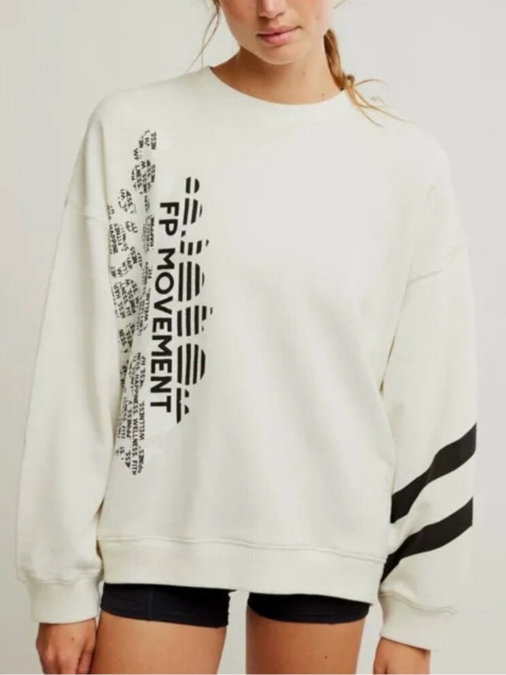 FP Movement Ivory Crewneck with Black Graphic and Sleeve Stripes